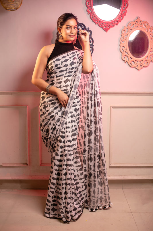 Black Fish Printed Mix Cotton Saree