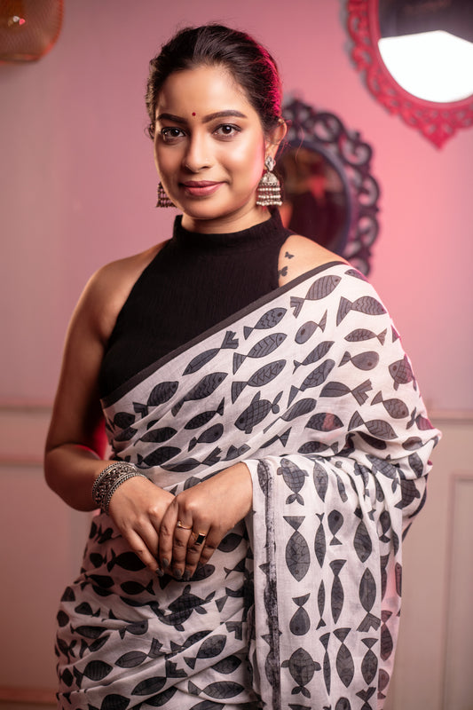 Black Fish Printed Mix Cotton Saree