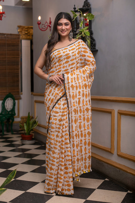 Yellow Fish Printed Mix Cotton Saree