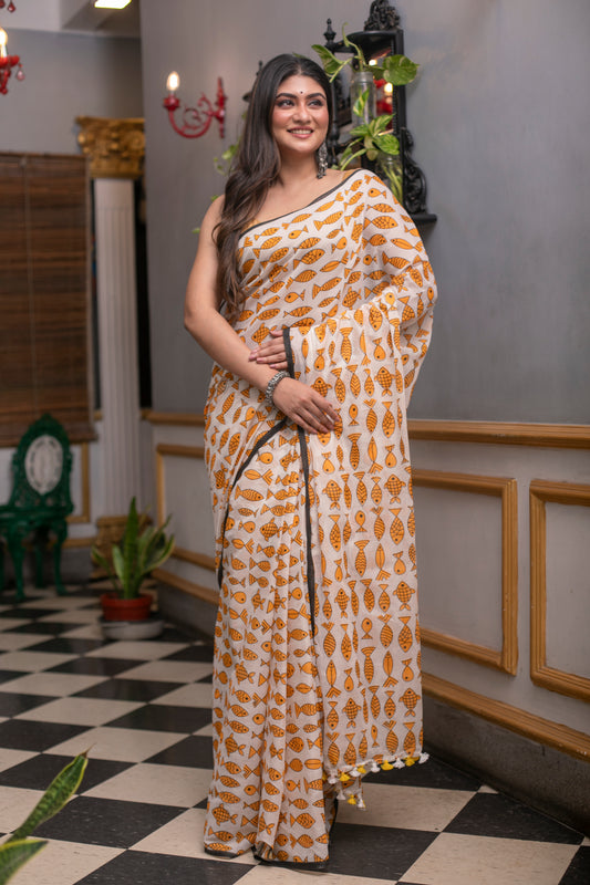 Yellow Fish Printed Mix Cotton Saree