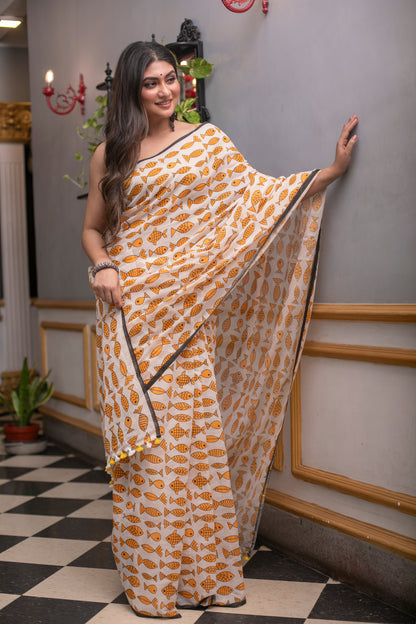 Yellow Fish Printed Mix Cotton Saree