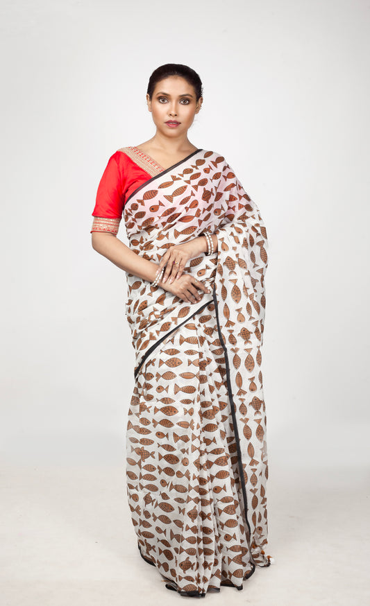 Brown Fish Printed Mix Cotton Saree