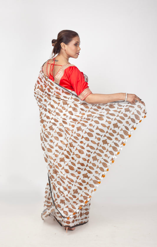 Brown Fish Printed Mix Cotton Saree