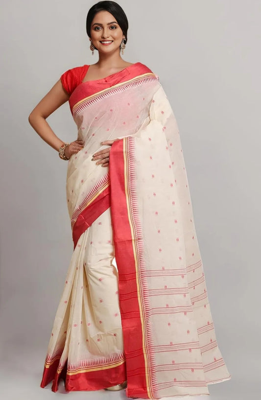 Sutayan Temple Border White Cotton Taant Saree