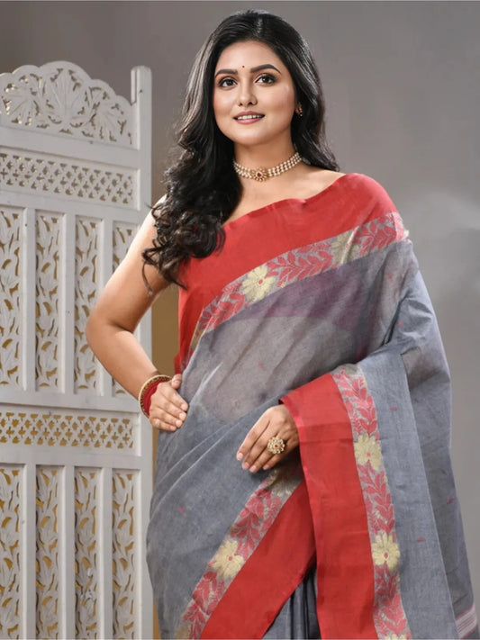 Sutayan Grey Cotton Taant Jamdani Saree