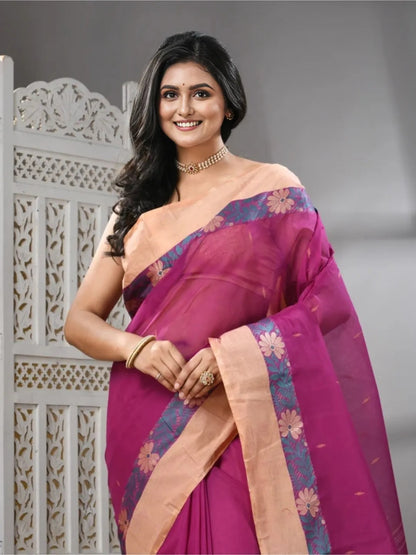 Purple Cotton Taant Jamdani Saree