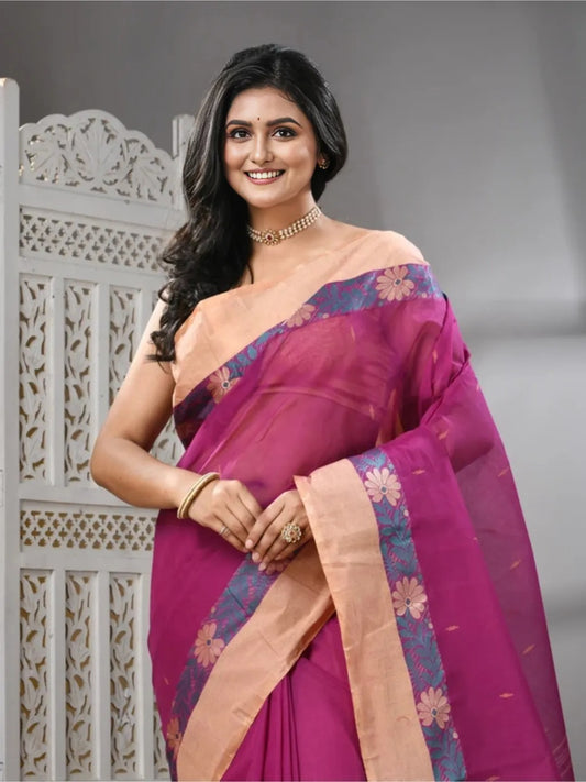 Purple Cotton Taant Jamdani Saree