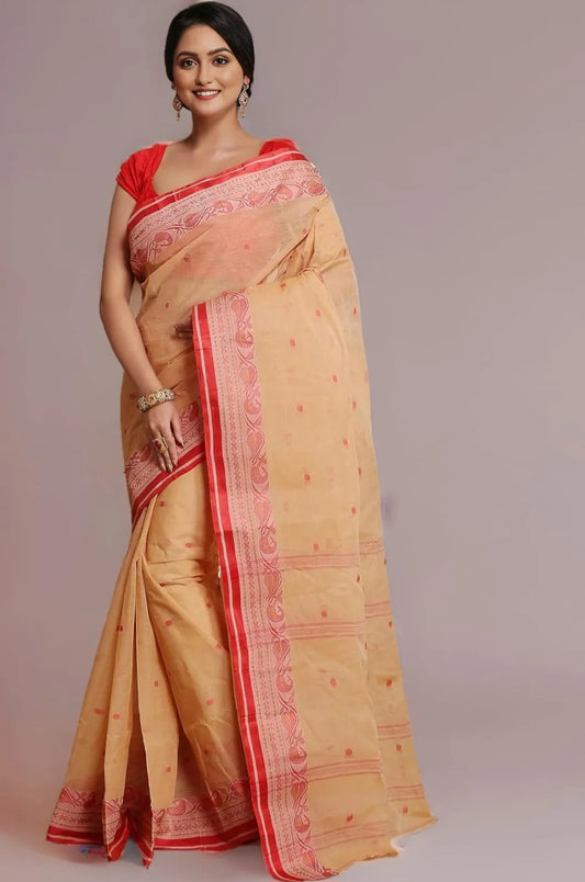Sutayan Beige Cotton Taant Saree