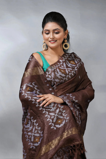 Brown Tussar Jamdani Saree