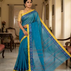 Authentic Phulia Handloom Cotton Taant Saree in Teal Blue with Yellow Border | Sutayan