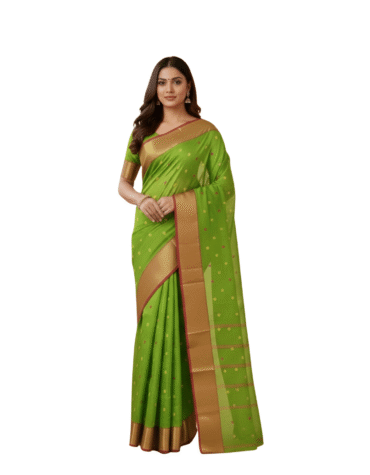 Vibrant Parrot Green Tant Saree with Copper-Gold Border – Pure Handloom Cotton Festive Wear | Sutayan