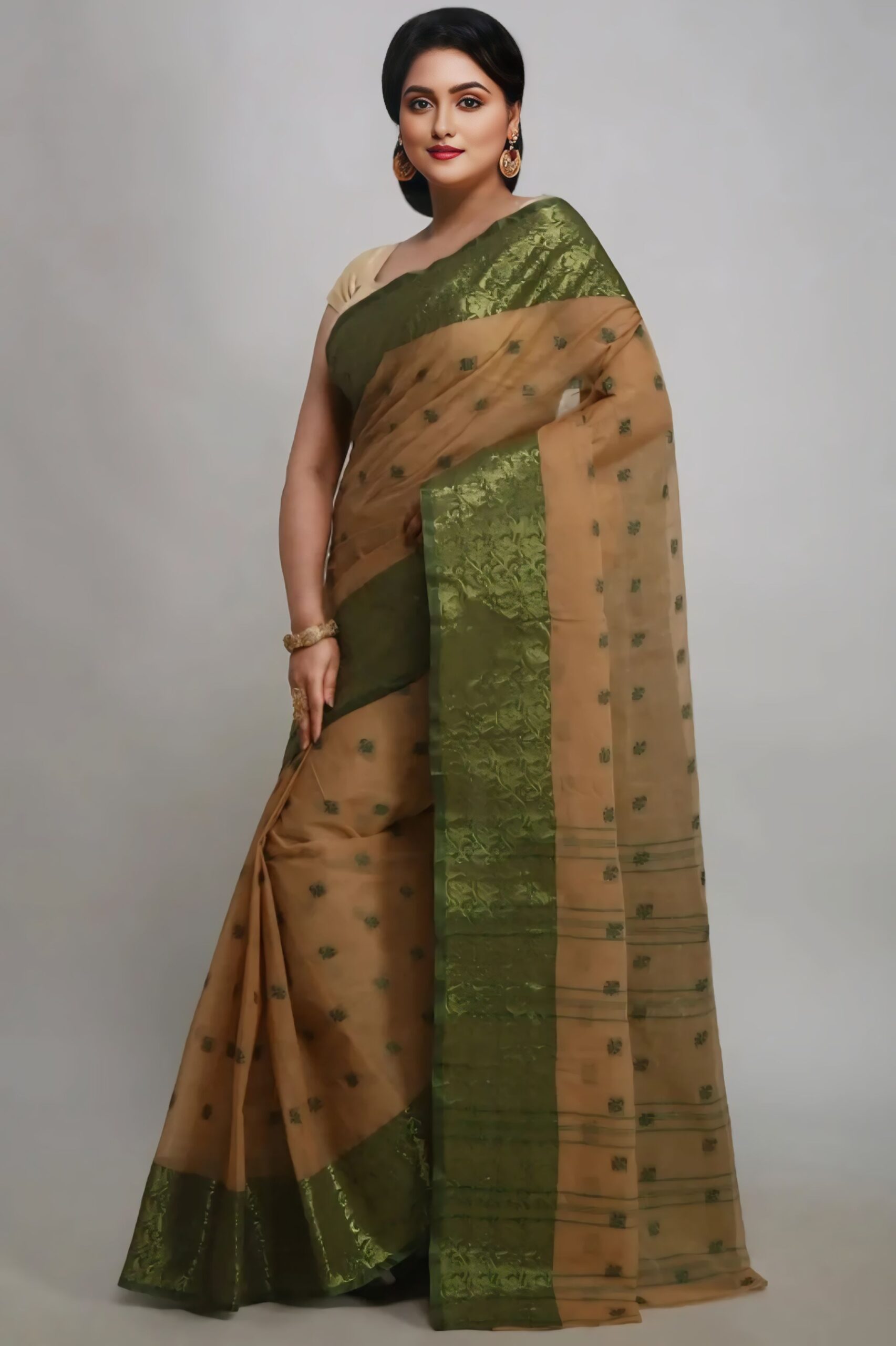 Elegant Beige & Green Pure Cotton Tant Saree with Woven Border | Sutayan
