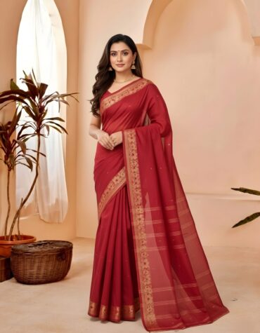 Regal Deep Maroon Tant Saree with Rich Golden-Copper Border – Pure Handloom Cotton Festive Wear | Sutayan