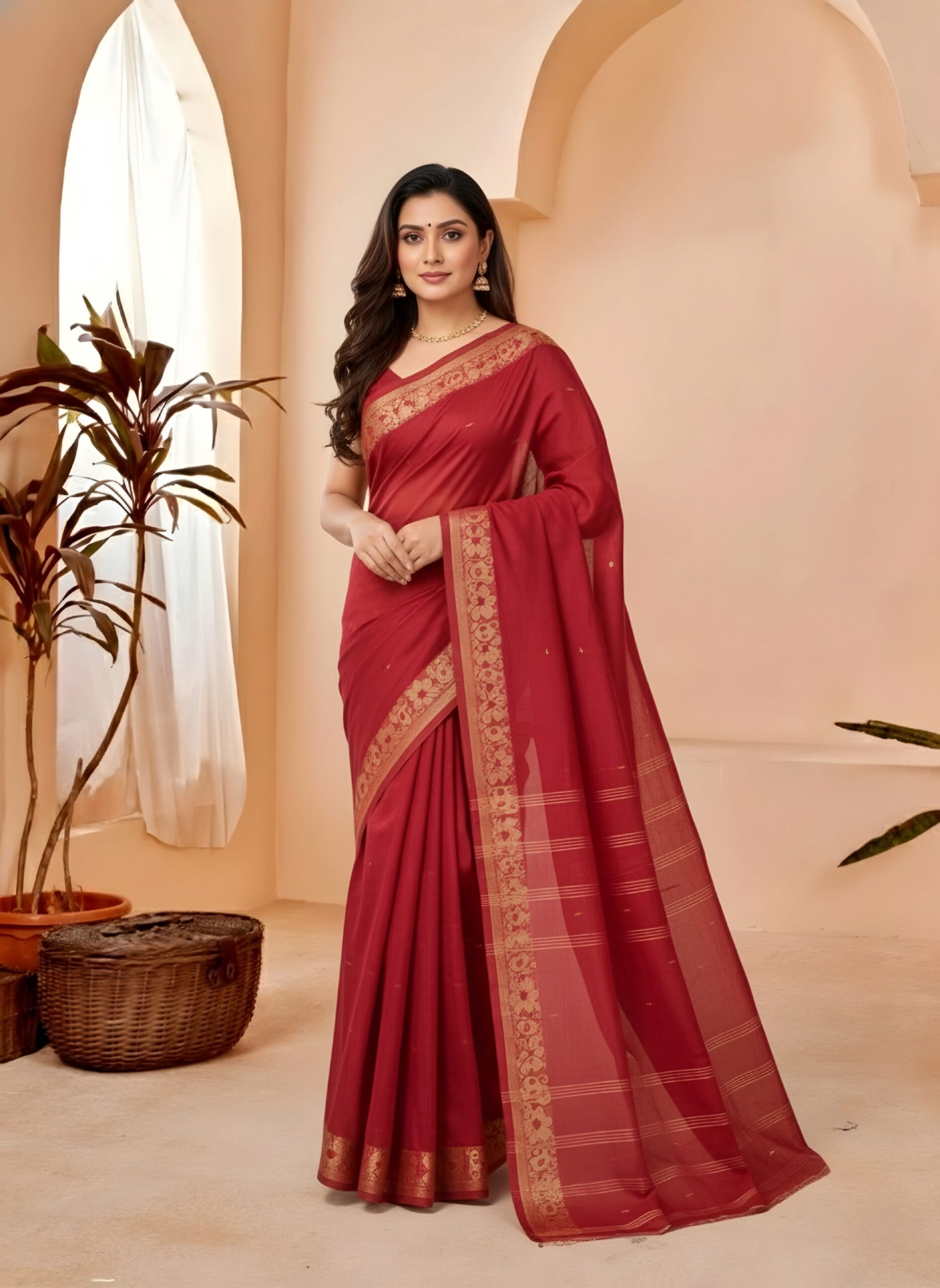 Regal Deep Maroon Tant Saree with Rich Golden-Copper Border – Pure Handloom Cotton Festive Wear | Sutayan