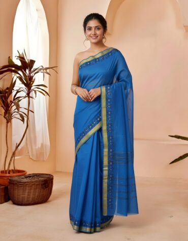 Vibrant Royal Blue Tant Saree with Mustard Gold Floral Border – Pure Handloom Cotton | Sutayan