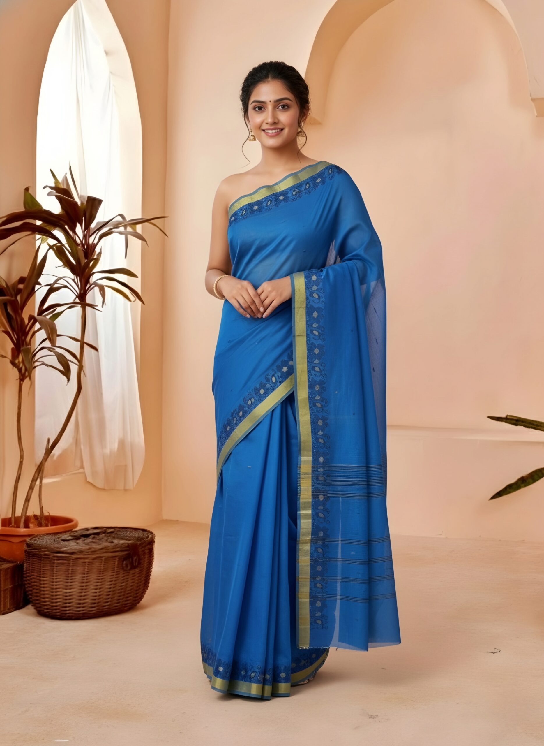 Vibrant Royal Blue Tant Saree with Mustard Gold Floral Border – Pure Handloom Cotton | Sutayan