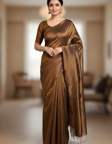 Luxurious Chocolate Brown Tissue Silk Saree with Blouse Piece – Metallic Evening Festive Wear | Sutayan