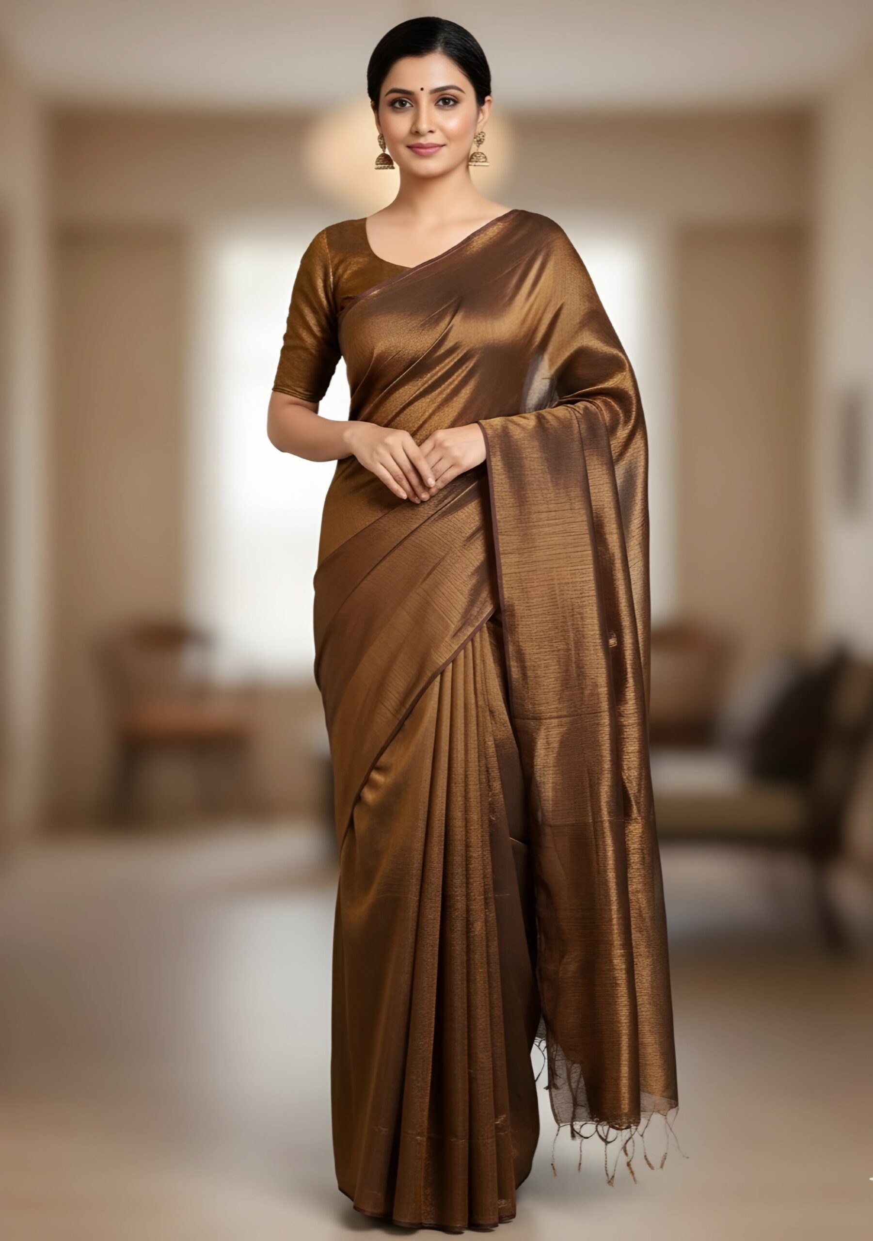Luxurious Chocolate Brown Tissue Silk Saree with Blouse Piece – Metallic Evening Festive Wear | Sutayan