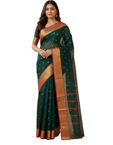 Regal Bottle Green Tant Saree with Rich Copper-Gold Border – Pure Handloom Cotton Festive Wear | Sutayan