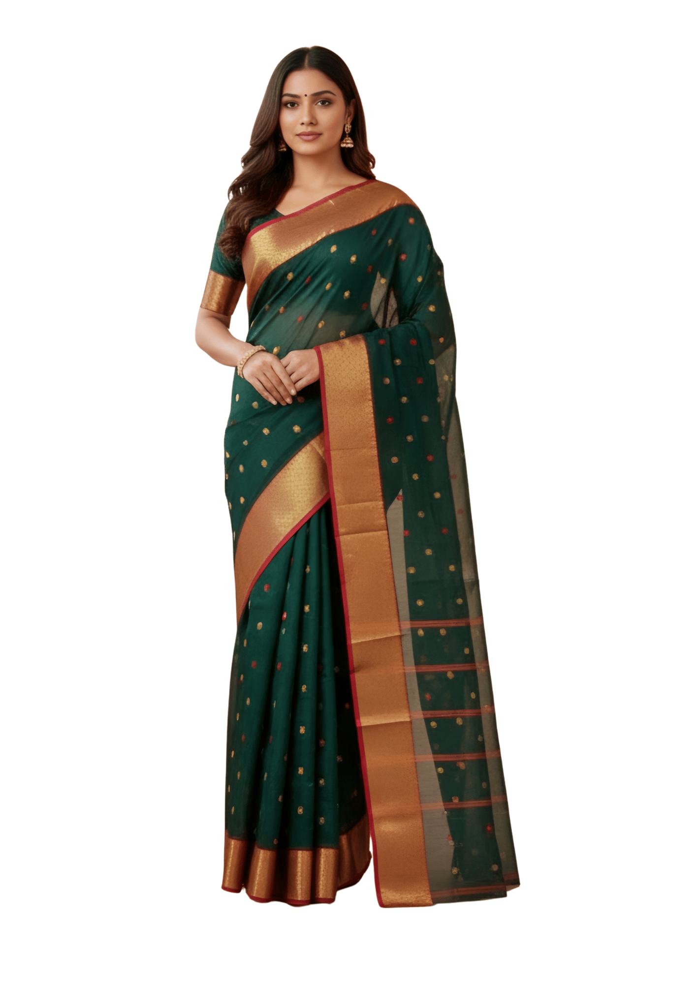 Regal Bottle Green Tant Saree with Rich Copper-Gold Border – Pure Handloom Cotton Festive Wear | Sutayan