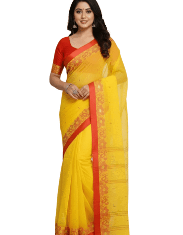 Vibrant Mustard Yellow Tant Saree with Traditional Red Woven Border – Pure Handloom Cotton | Sutayan