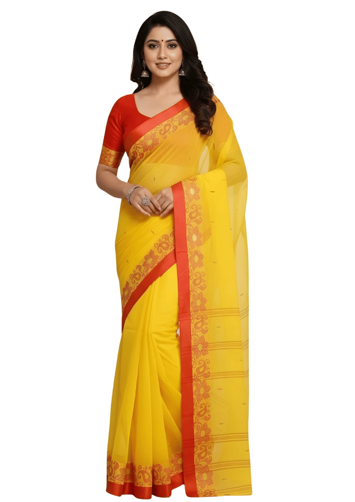 Vibrant Mustard Yellow Tant Saree with Traditional Red Woven Border – Pure Handloom Cotton | Sutayan
