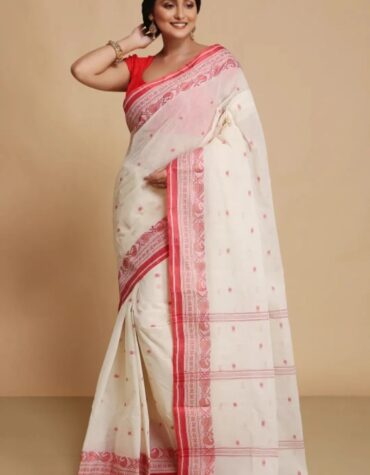 White Cotton Tant Jamdani Saree