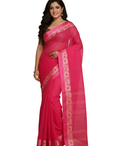 Vibrant Fuchsia Pink Tant Saree with Elegant Silver-Gold Floral Border – Pure Handloom Cotton | Sutayan