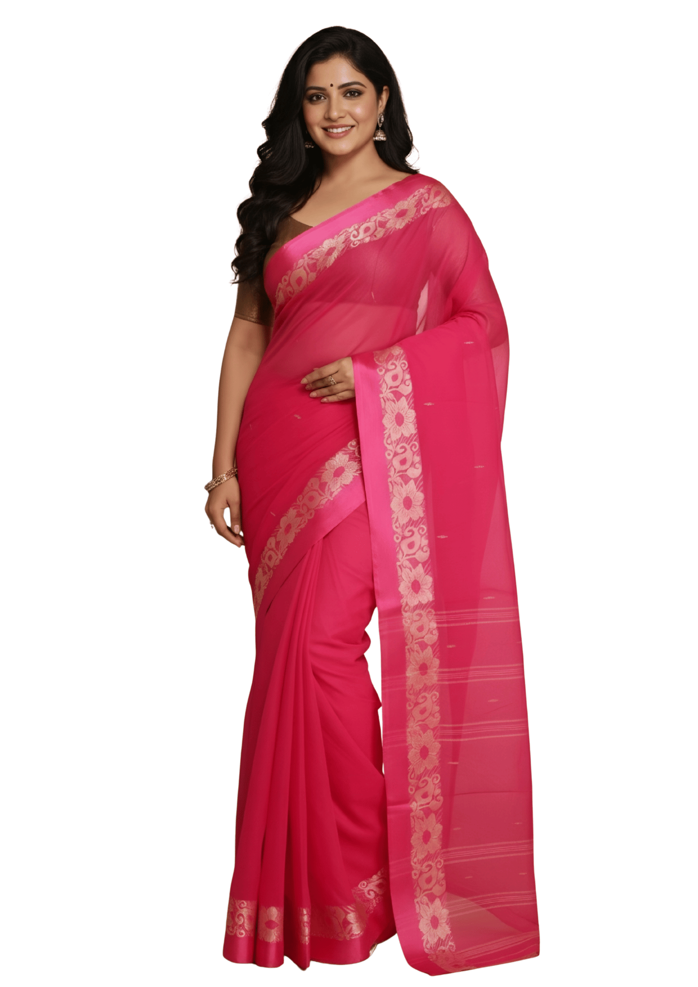 Vibrant Fuchsia Pink Tant Saree with Elegant Silver-Gold Floral Border – Pure Handloom Cotton | Sutayan