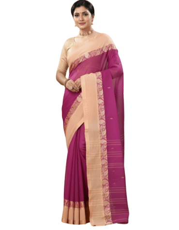 Regal Magenta Purple Tant Saree with Cream-Gold Floral Woven Border – Pure Handloom Cotton | Sutayan
