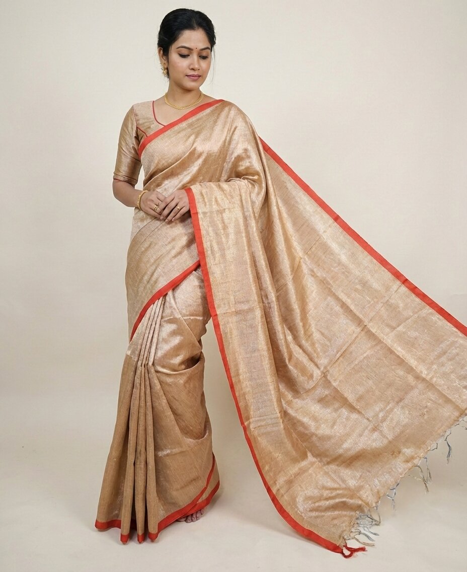 Champagne Gold Tissue Silk Saree with Contrast Red Border & Blouse Piece – Chic Festive Wear | Sutayan