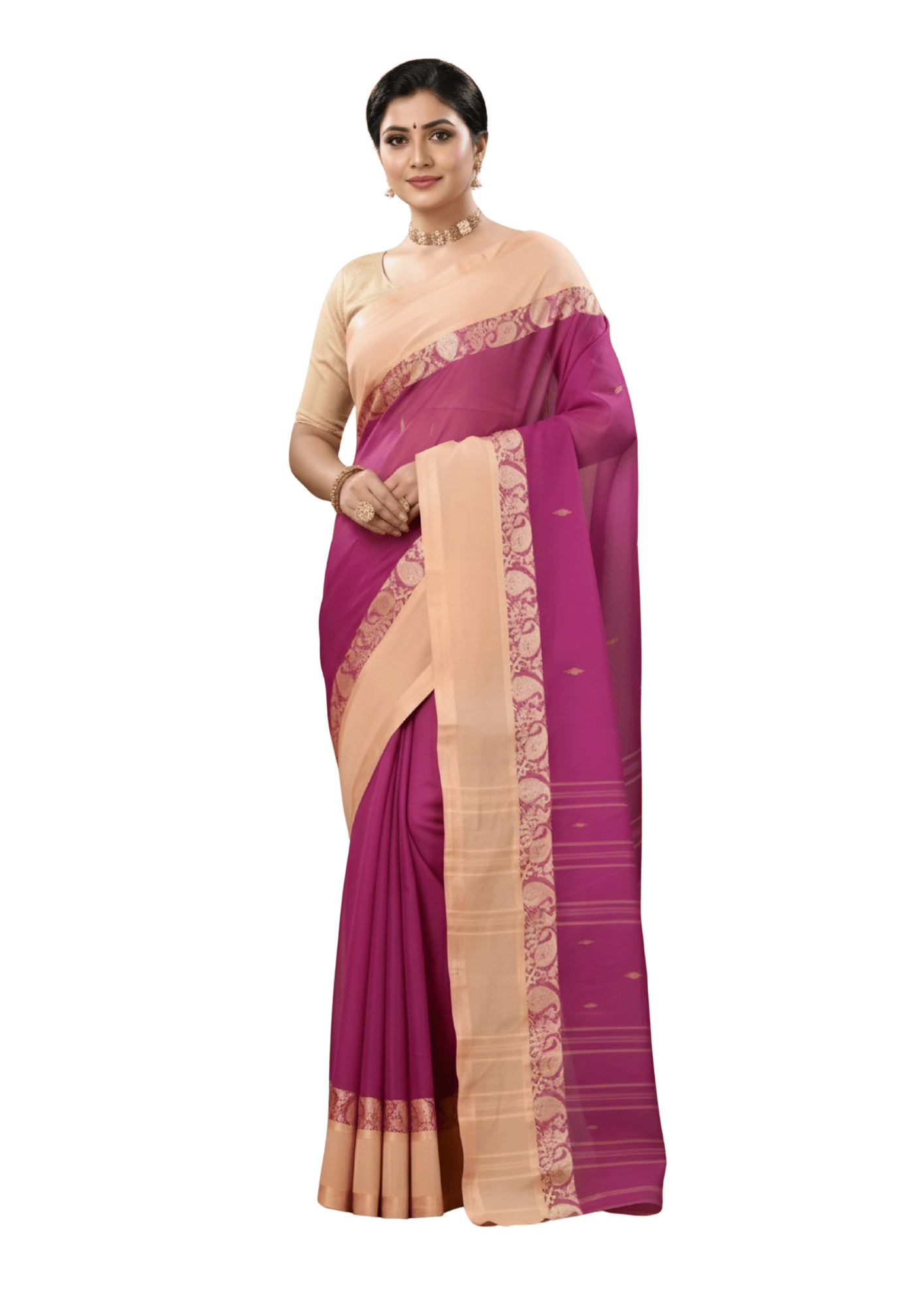 Regal Magenta Purple Tant Saree with Cream-Gold Floral Woven Border – Pure Handloom Cotton | Sutayan