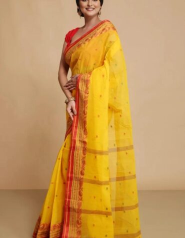 Traditional Bright Yellow Tant Saree with Red Woven Border – Pure Cotton Handloom Saree | Sutayan