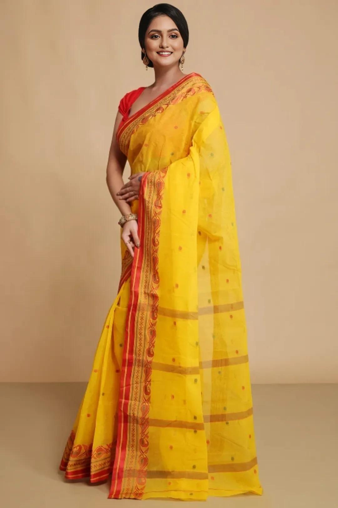 Traditional Bright Yellow Tant Saree with Red Woven Border – Pure Cotton Handloom Saree | Sutayan