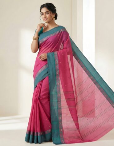 Vibrant Magenta Pink Tant Saree with Contrast Forest Green Border – Pure Handloom Cotton | Sutayan