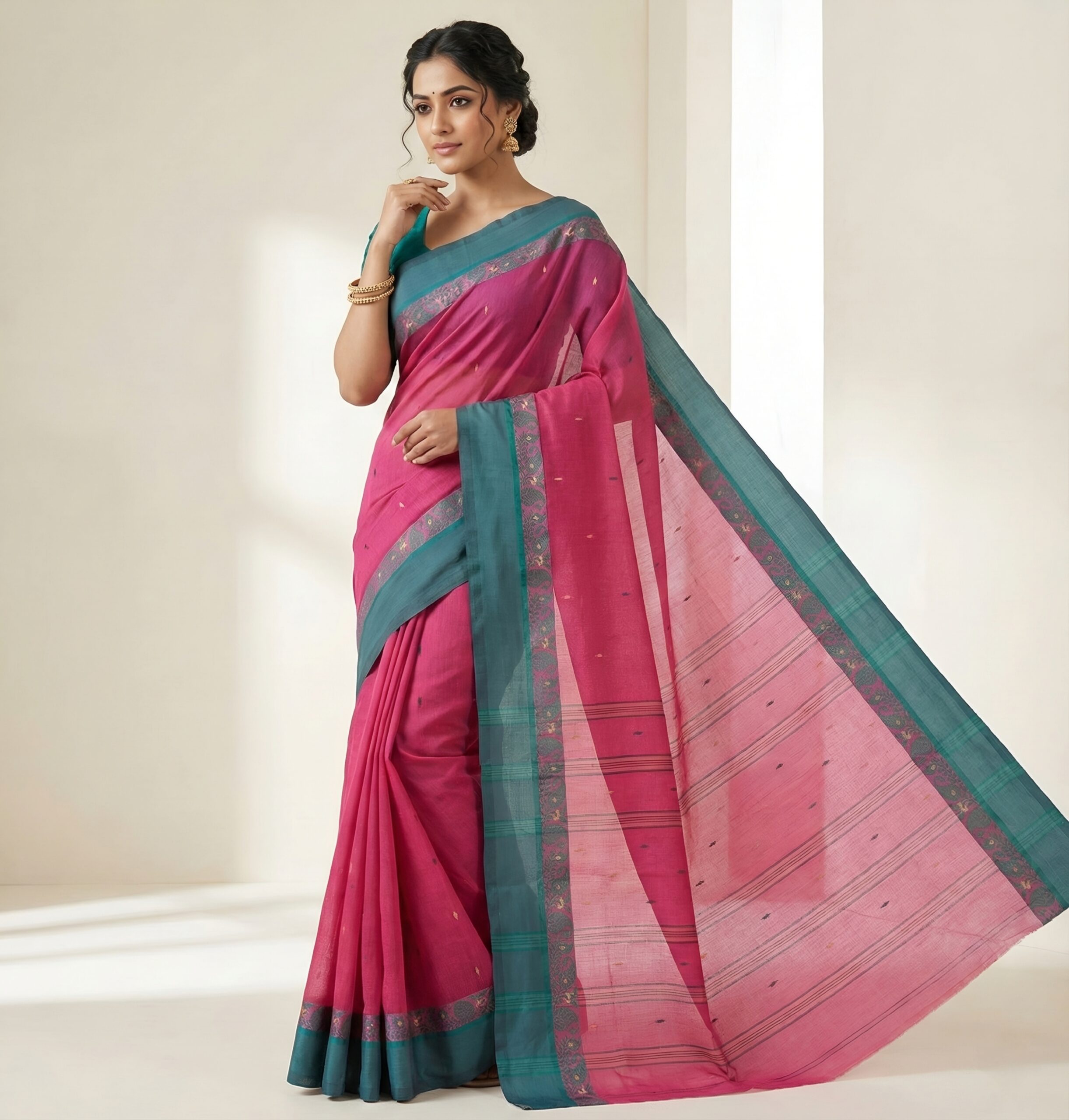 Vibrant Magenta Pink Tant Saree with Contrast Forest Green Border – Pure Handloom Cotton | Sutayan