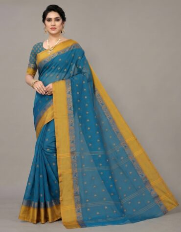 Regal Peacock Blue Tant Saree with Mustard Yellow Woven Border – Pure Handloom Cotton | Sutayan