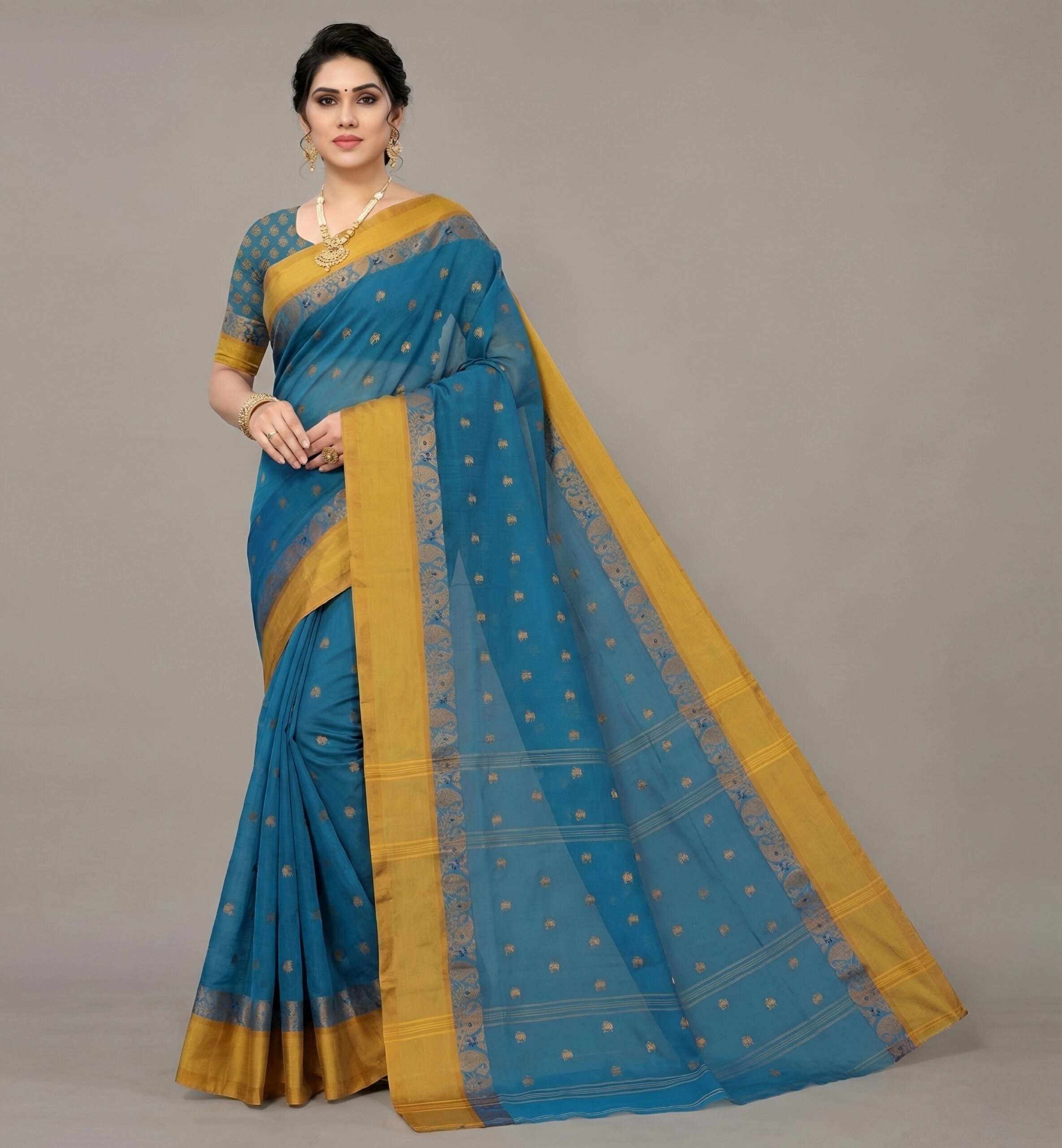 Regal Peacock Blue Tant Saree with Mustard Yellow Woven Border – Pure Handloom Cotton | Sutayan