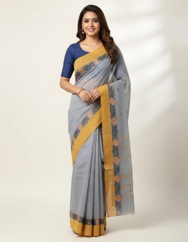 Sophisticated Steel Grey Tant Saree with Mustard Yellow Floral Border – Pure Handloom Cotton | Sutayan