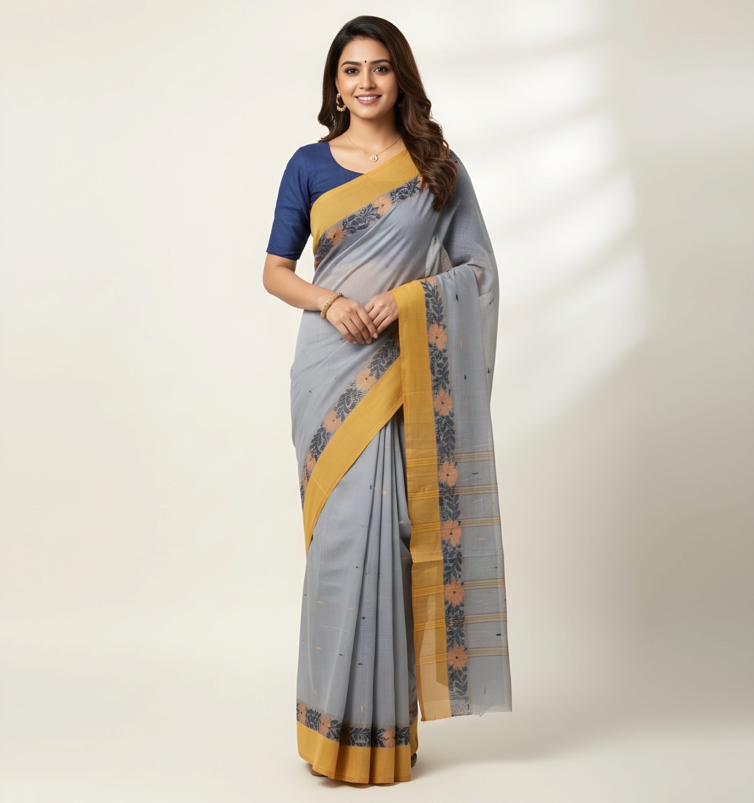Sophisticated Steel Grey Tant Saree with Mustard Yellow Floral Border – Pure Handloom Cotton | Sutayan