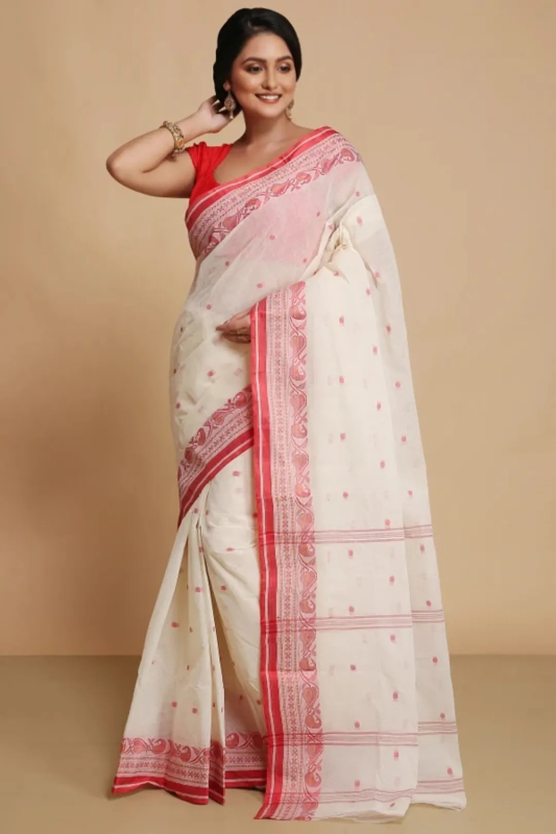 White Cotton Tant Jamdani Saree