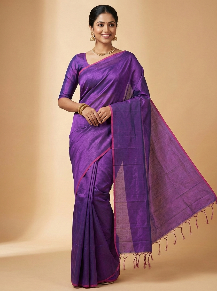 Elegant Purple Handloom Tissue Saree with Contrast Border | Sutayan
