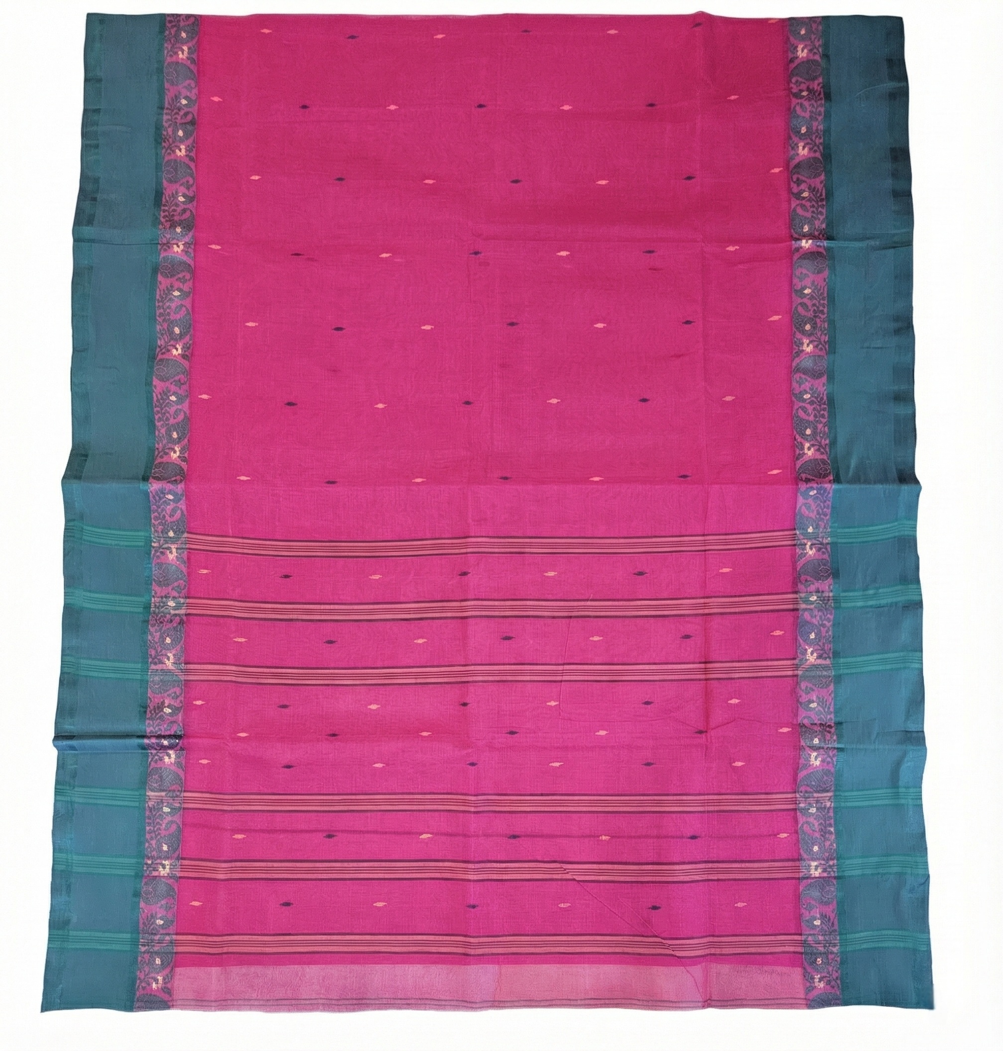 Vibrant Magenta Pink Tant Saree with Contrast Forest Green Border – Pure Handloom Cotton | Sutayan