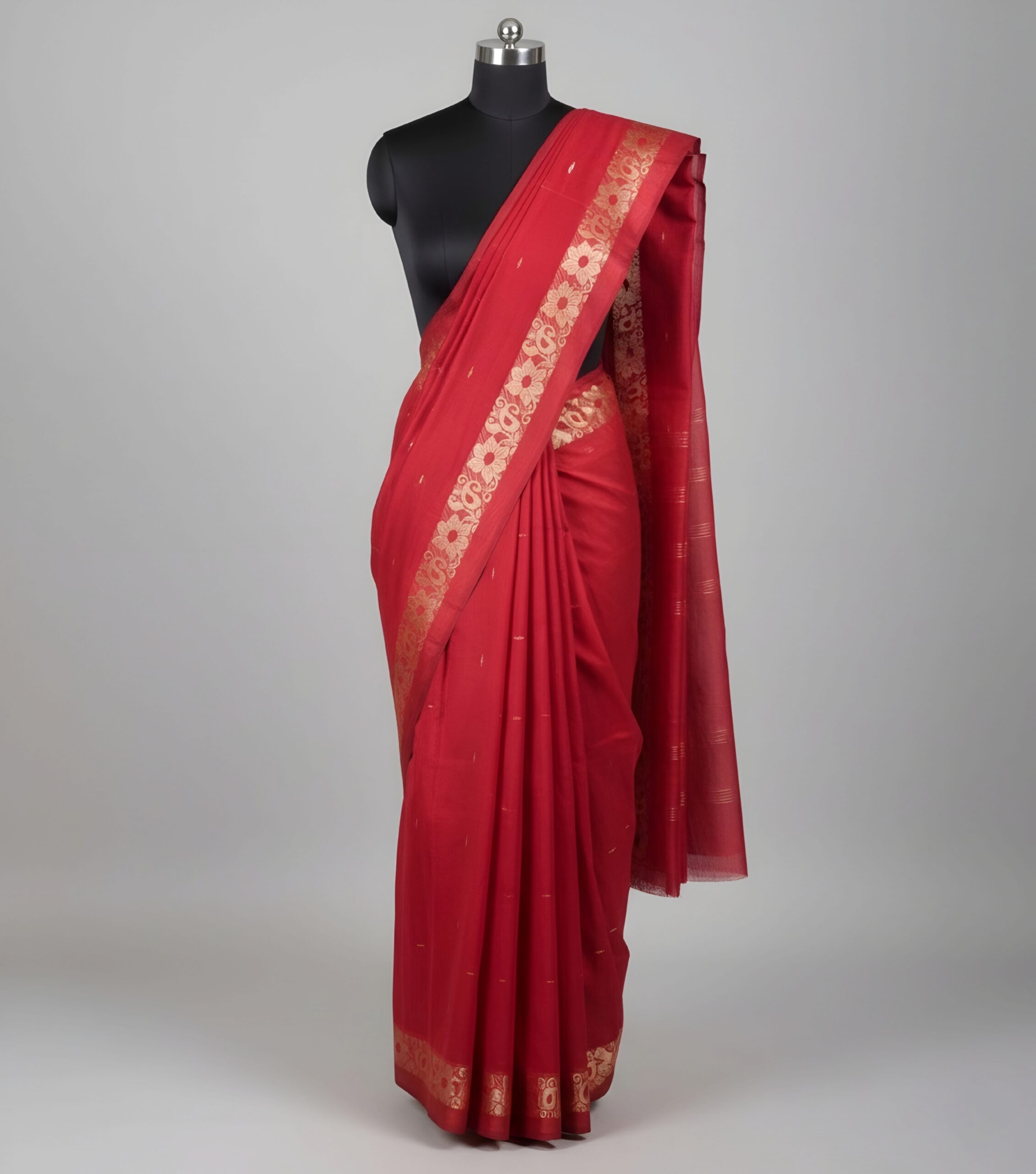 Regal Deep Maroon Tant Saree with Rich Golden-Copper Border – Pure Handloom Cotton Festive Wear | Sutayan