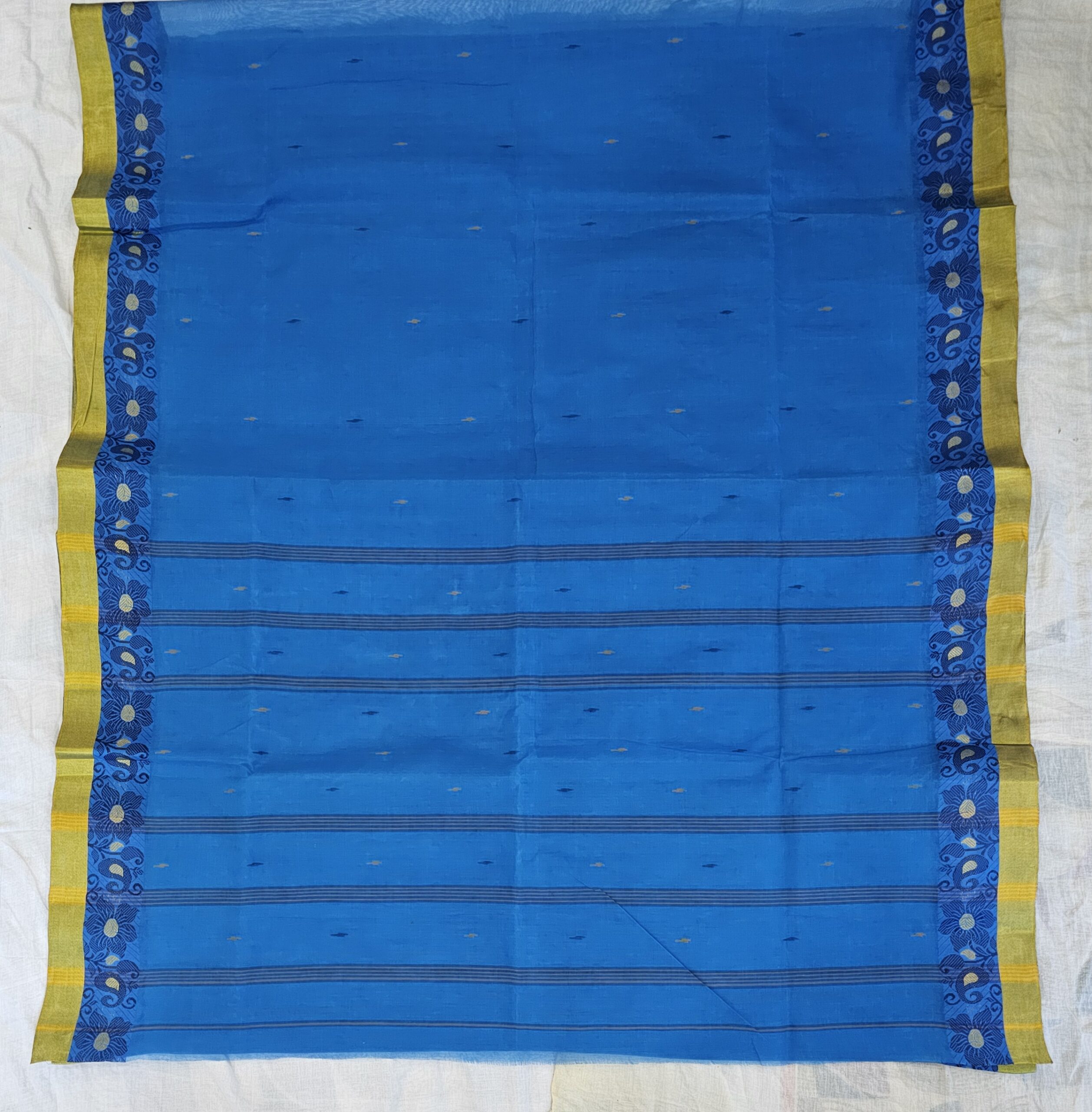 Vibrant Royal Blue Tant Saree with Mustard Gold Floral Border – Pure Handloom Cotton | Sutayan