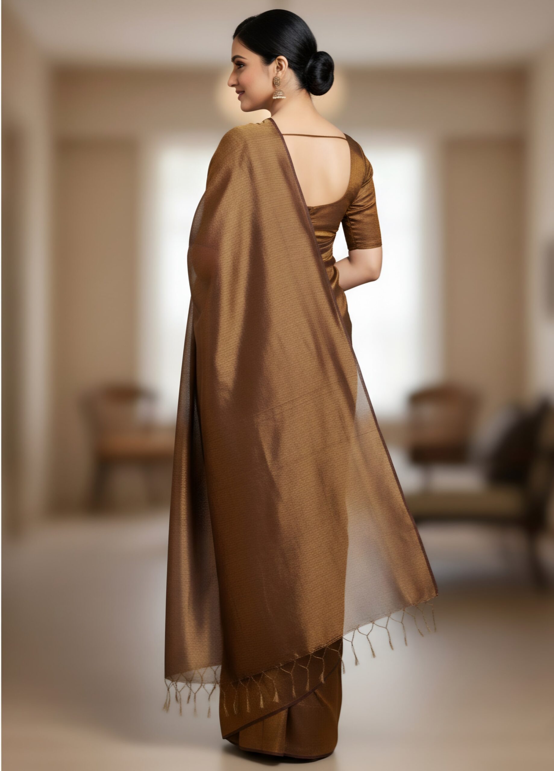 Luxurious Chocolate Brown Tissue Silk Saree with Blouse Piece – Metallic Evening Festive Wear | Sutayan