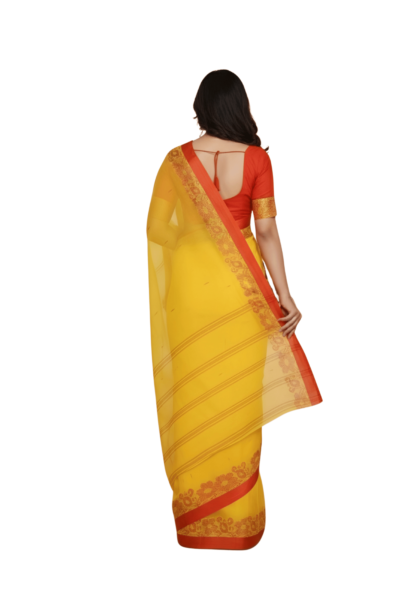 Vibrant Mustard Yellow Tant Saree with Traditional Red Woven Border – Pure Handloom Cotton | Sutayan