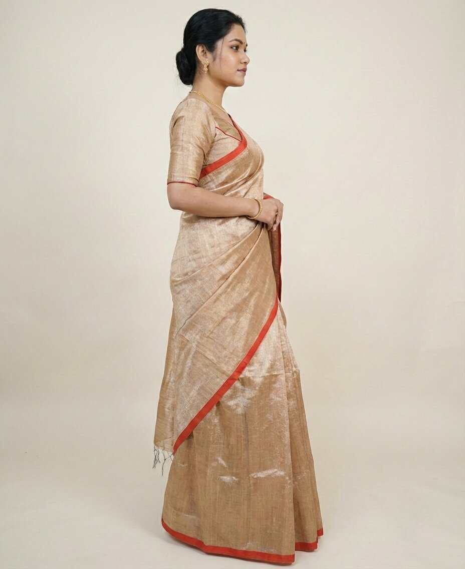 Champagne Gold Tissue Silk Saree with Contrast Red Border & Blouse Piece – Chic Festive Wear | Sutayan
