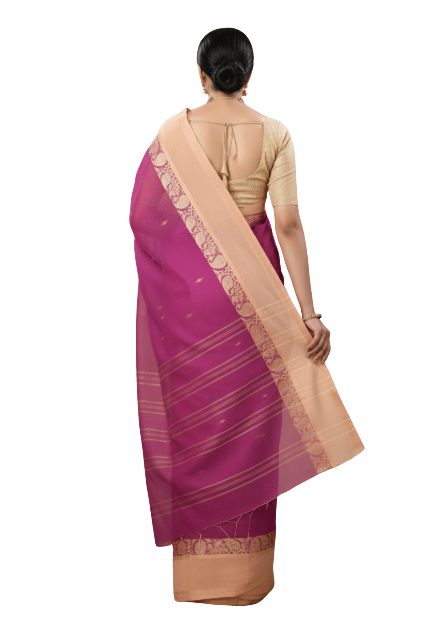 Regal Magenta Purple Tant Saree with Cream-Gold Floral Woven Border – Pure Handloom Cotton | Sutayan