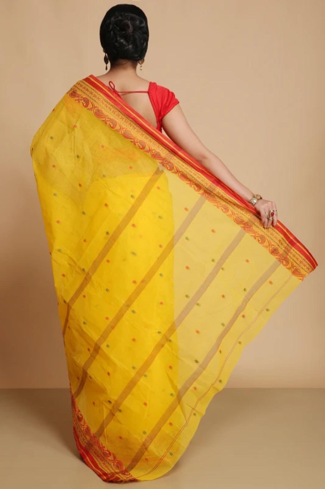 Traditional Bright Yellow Tant Saree with Red Woven Border – Pure Cotton Handloom Saree | Sutayan